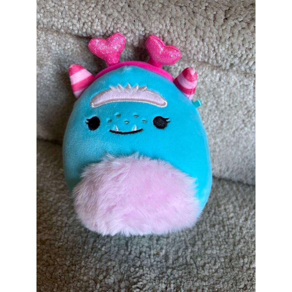 Squishmallows Blue Monster Plush – Pink Fluffy Hair & Glitter Heart Feet – 7”